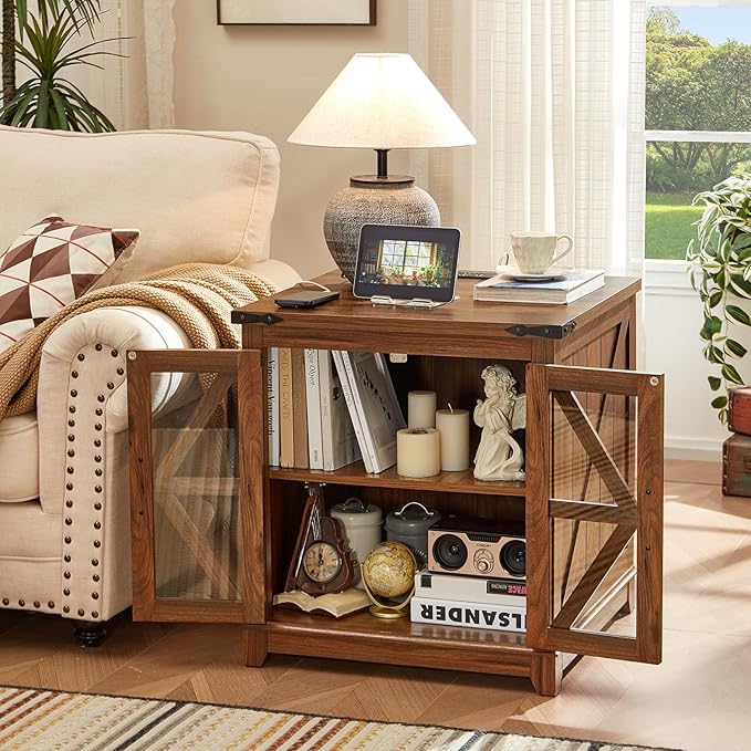 Farmhouse Coffee Table Set, 3 Pieces: Large End Side Tables with Charging Station and Coffee Table with Hidden Storage Compartment, Brown Wood Furniture Sets for Home Office