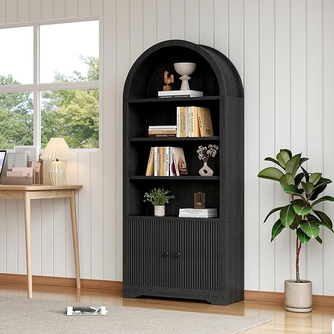 70" Arched Bookcase with Storage, 6 Tier Bookshelf with Door, Freestanding Display Storage Cabinet Farmhouse Storage Shelves for Living Room,Bedroom Home Office,Black Oak
