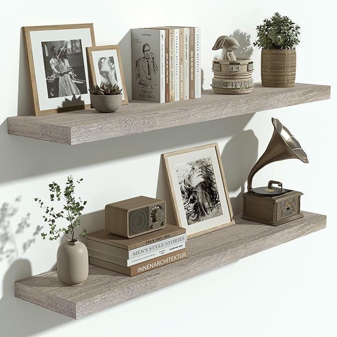 Vivelove Solid Wood Floating Shelves Set of 2, Elm Wood Wall Shelf with Invisible Bracket for Living Room Bedroom Bathroom Office, Rustic Farmhouse Decor Storage & Display, 36 inch - Grey