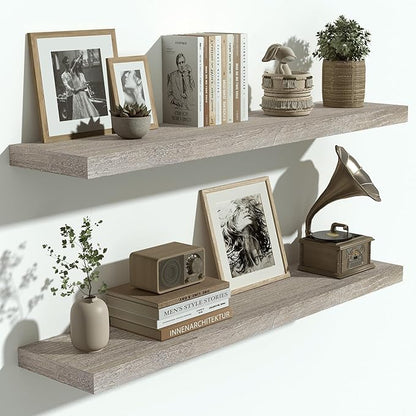 Vivelove Solid Wood Floating Shelves Set of 2, Elm Wood Wall Shelf with Invisible Bracket for Living Room Bedroom Bathroom Office, Rustic Farmhouse Decor Storage & Display, 36 inch - Grey
