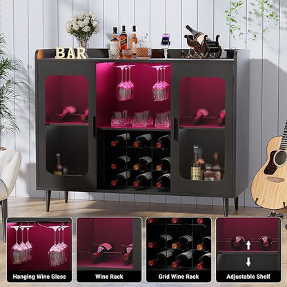 Liquor Cabinet Bar with Power Outlet and LED Light, Wine Bar Cabinet with Wine and Glasses Rack, Home Coffee Bar Cabinet, Buffet Sideboard with Storage Shelf for Kitchen, Dining Room, Black