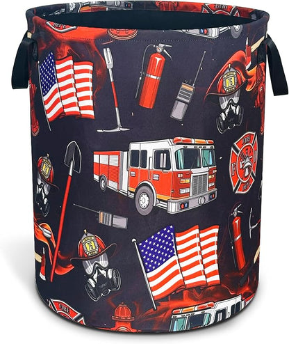Fire Truck Fireman Laundry Basket Firefighters Oxford Cloth Laundry Hamper With Handle Foldable Portable Clothes Storage Basket 18.9 X 16.5 In Storage Bag For Laundry Room/Bathroom/Bedroom/Dormitories