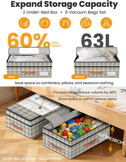 TOSKING 2-Pack Under Bed Storage Drawers with Wheels, 6 Vacuum Bags, Adjustable Height 7.9-10.2", 63L/80 lbs Clear Lid Rolling Bin, 900D Oxford, Space Saver for Dorm Bedroom Clothes Shoes, Houndstooth