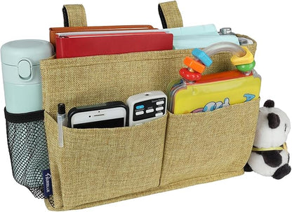 Surblue Bedside Caddy Hanging Bed Organizer Storage Bag Pocket for Bunk and Hospital Beds, College Dorm Rooms Baby Bed Rails, Camp 4 Pockets and 2 Hooks (Small,Linen)