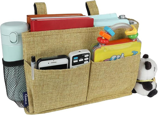 Surblue Bedside Caddy Hanging Bed Organizer Storage Bag Pocket for Bunk and Hospital Beds, College Dorm Rooms Baby Bed Rails, Camp 4 Pockets and 2 Hooks (Small,Linen)