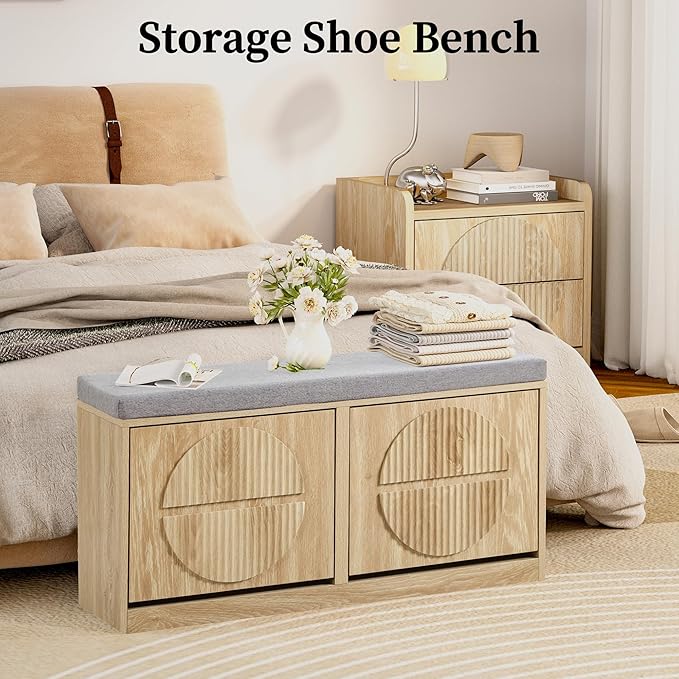 Narrow Shoe Storage Bench for Entryway, Wooden Shoe Cabinet with Flip Drawers& Adjustable Shelves, Shoe Rack Bench with Cushion, Shoe Organizer with Fluted Pattern for Hallway, Living Room (Natural)