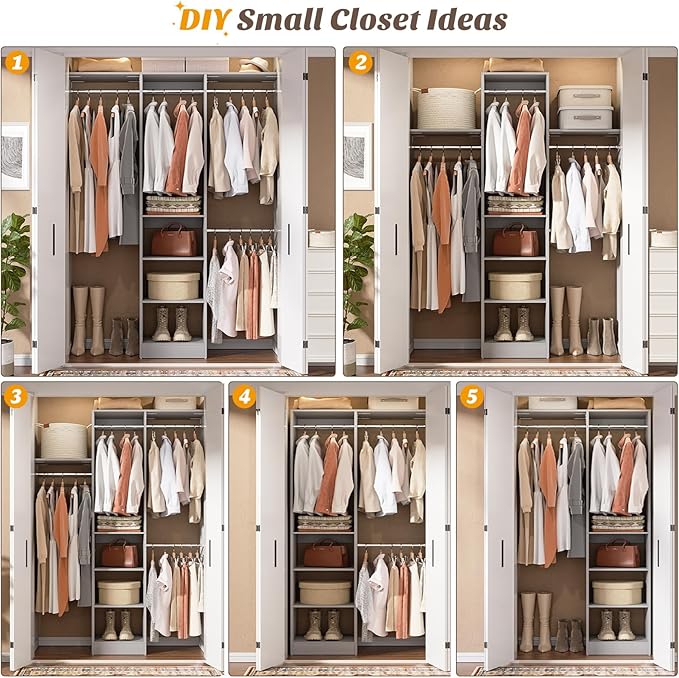 Cyclysio 4FT Small Closet System, 80"H Closet Organizer System with 4 Closets Rods & 3 Shelves, 48" Closets Organizers and Storage for Small Bedrooms, Laundry Rooms, Cloakrooms, Grey