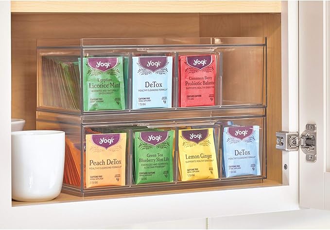 iDesign XL Tea Bag Organizer for Counter, 4-Section Clear Stackable Tea Storage Drawer for Cabinet