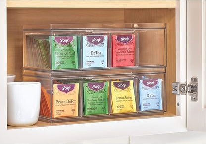 iDesign XL Tea Bag Organizer for Counter, 4-Section Clear Stackable Tea Storage Drawer for Cabinet
