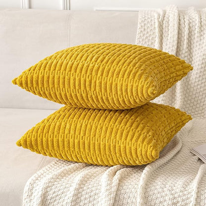 MIULEE Pack of 2 Corduroy Decorative Throw Pillow Covers 18x18 Inch Soft Boho Striped Pillow Covers Modern Farmhouse Home Decor for Summer Sofa Living Room Couch Bed Mustard Yellow