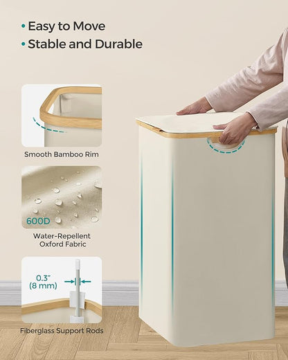 SONGMICS Laundry Hamper with Lid, 2-Section Large Laundry Basket, 34.3-gallon (130L), Removable Mesh Liner, Bamboo Handles, Collapsible, 20.5 x 15.2 x 27.8 Inches, Cream White ULCB513W01
