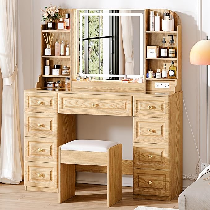 43" Makeup Vanity Desk with Mirror and Lights, & Power Outl, Glass Top Big Vanity Table with 9 Drawers& 8 Storage Shelves, Dressing Table Set with Chair for Bedroom, Wood