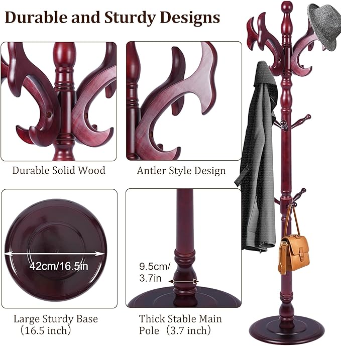 Wooden Coat Rack Freestanding with 14 Hooks Antler Shaped, 72'' Vintage Coat Racks Tree, Adjustable Height, Coat Hanger Stand with Sturdy Base, Coat Tree Hats Hanger for Living Room, Bedroom, Entryway
