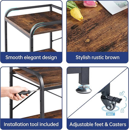 Fannova Under Desk Printer Stand, 20 Inches Deep Large Printer Table with Height Adjustable Storage Shelf, 2 Tier Rolling Printer Cart with Wheels for Home Office - Rustic Brown