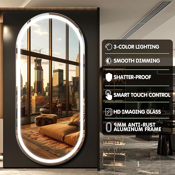 FENNIO Full Length Mirror with Lights, 80" x 36" LED Full Body Mirror, Wall Mounted Hanging Mirror with Lights for Bedroom, Salon, Dimmable & 3 Color Lighting, Tempered Glass