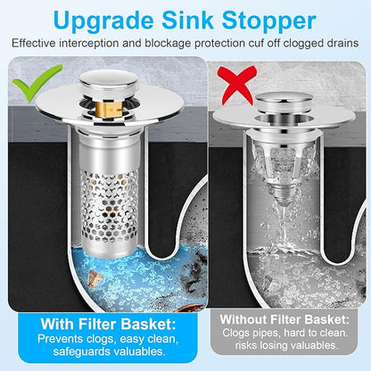 Adoric Bathroom Sink Stopper 2Pack, Sink Drain for Bathroom Pop Up Stopper with Removable Stainless Steel Filter Basket Hair Catcher for Standard 1.06"-1.50" Sink Basin Hole
