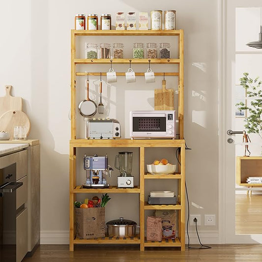 FORABAMB Bakers Rack with Power Outlets, 8-Tier Microwave Stand, Kitchen Utility Storage Shelf 10 S-Shaped Hooks, Coffee Bar Table Station, Standing Rack, 31.5 x 15.7 x 65 Inches, Bamboo