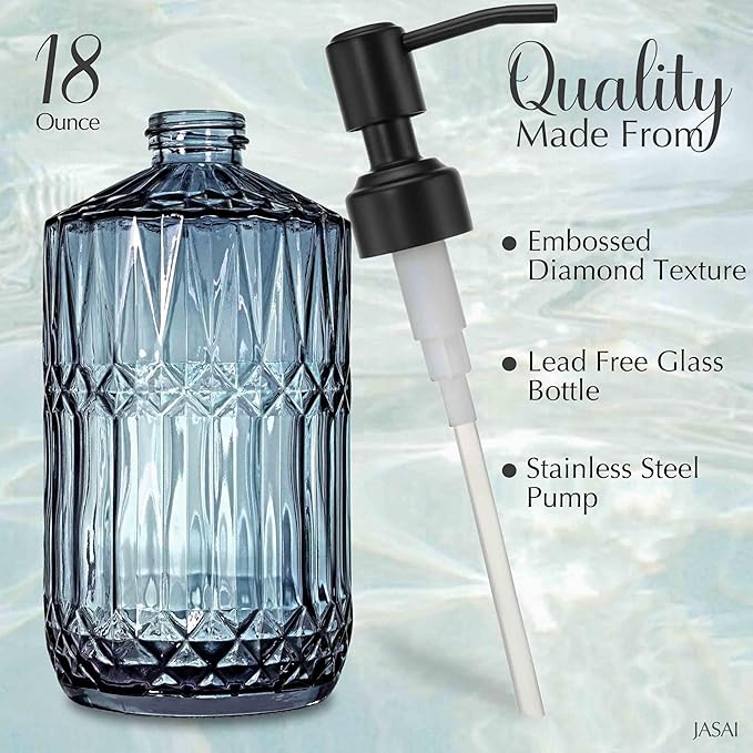 JASAI 18Oz Blue Soap Dispenser with Black Rust Proof Pump, Refillable Bathroom soap Dispenser with Thick Glass, Kitchen Soap Dispenser for Hand soap & Dish Soap.(Blue)
