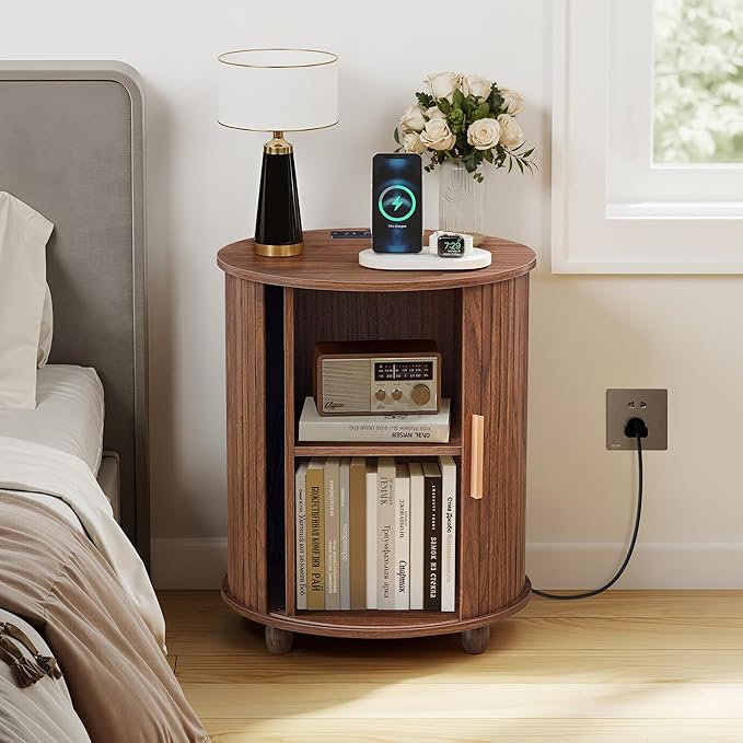 Fluted Round End Table with Charging Station, Farmhouse Small Sofa Side Table with Sliding Tambour Door & Storage, Mid-Century Wood Fulted Nightstands for Living Room, Bedroom (Walnut)