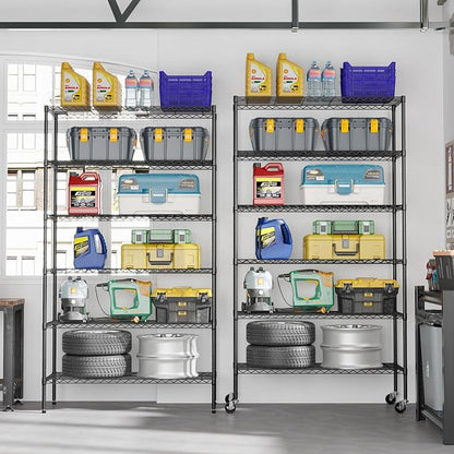 FDW | 6-Tier Wire Storage Shelves with Wheels | 45"x18"x82" | Black | Adjustable Racks | Heavy-Duty Metal Shelf, Holds Upto 2100 lbs | Tool-Free Assembly, Rust-Resistant | for Home & Garage Shelving