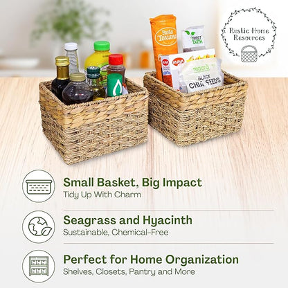 Small Wicker Baskets for Storage 2-Pack, Natural, Woven Baskets for Organizing Living Room, Pantry, Shelves, Wicker, Decorative - Small Size - 8x7x5.5 inches