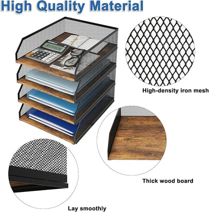 Natwind 4-Tier Stackable Paper Tray, Retro | Metal Mesh, Wood Board, Desktop Organizer, For Home, Office, School