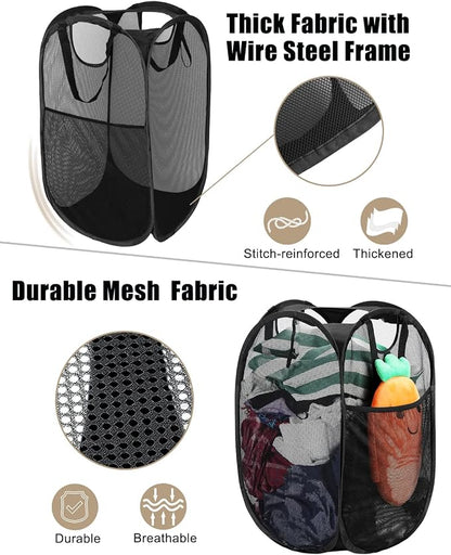 2 Pcs Strong Mesh Pop up Laundry Hamper,House Again Collapsible Laundry Basket with Durable Handles Solid Bottom High Carbon Steel Frame, Space-Saving, Easy to Open and Fold Flat for Storage(Black)