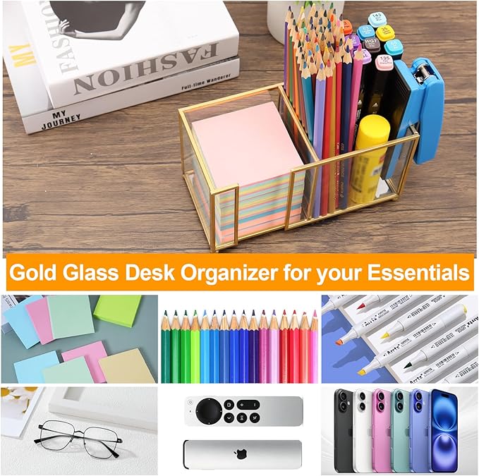 Glass Sticky Note Holder,2 Slots Post It Note Dispenser,Gold Desk Organizer for 3 x 3 Sticky Notes/Paper Clips/Book Clips,Stylish Post it Holder for Home Office Desk