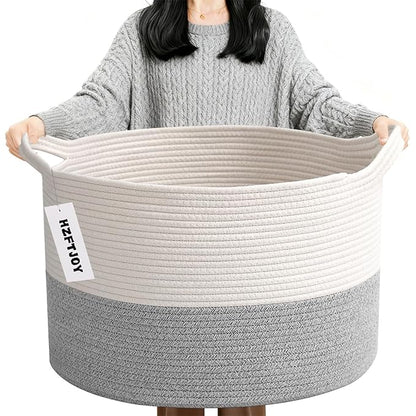 90L Extra Large Blanket Basket,Woven Rope Laundry Basket Hamper with Handles, Decorative Nursery Basket Storage Bin for Toys, Clothes Organizer, Living Room, Bedroom, Bathroom, White&Grey