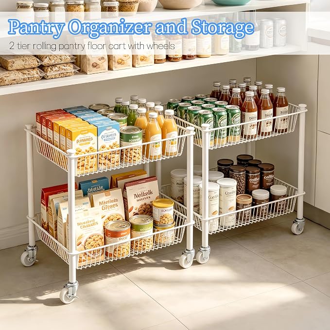 2 Tier Small Utility Cart on Wheels Short Rolling Pantry Cart Thick Metal Wire Basket Stand, Fruit Vegetables Storage Rack for Kitchen, Under Desk Storage for Small Space Bathroom Laundry, White