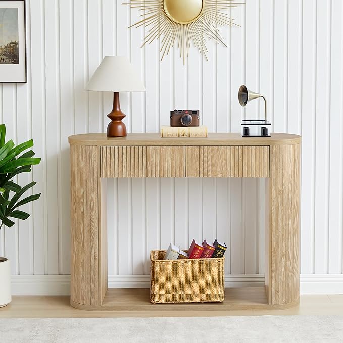 42.5” Console Table with 2 Drawers, Fluted Entryway Table with Rounded Corners, Rectangular Sofa Table Behind Couch for Living Room, Hallway, Foyer (Natural)