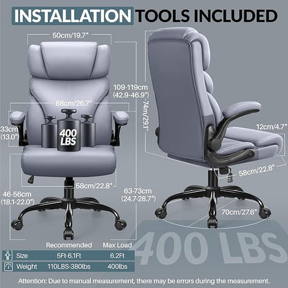 Office Chair, Leather Chair with Adjustable High Back Flip-up Armrests，Ergonomic Desk Chairs Big and Tall, Lumbar Support Swivel Computer Chair with Rocking Function