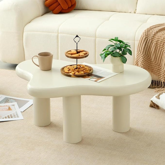 34"(L) Cloud Coffee Table, Modern Wood Coffee Table for Living Room, Accent Center Tables with 3 Legs, Small Tea Tables for Balcony, Patio, Bedroom, Cream White