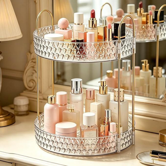360° Rotating Makeup Organizer, 2-Tier Large Capacity Cosmetic Storage Rack for Bathroom Countertop & Vanity, Clear Acrylic Holder for Skincare, Perfume & Beauty Essentials