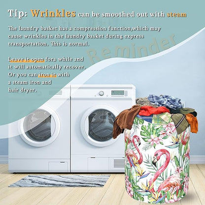 Pink Flamingo Laundry Basket Tropical Leaves Pink Floral Hamper Foldable Oxford Cloth Birds Colorful Tote Bag Clothes Toy Storage Bucket For Bathroom/Laundry Storage/Bedroom 18.9 x 16.5 Inch