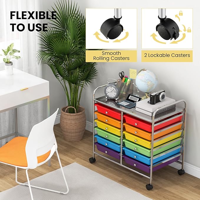 Giantex 12 Drawers Rolling Cart, Mobile Storage Drawer Cart, Classroom Organizer Cart for Office School Supplies Tools Scrapbook Paper Craft Small Printer, Utility Cart on Wheels, Multicolor