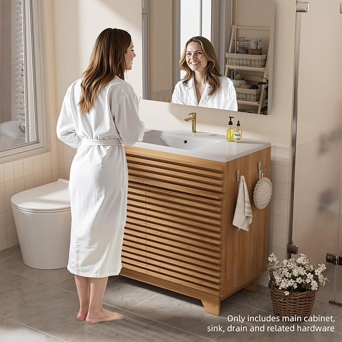 VNN 36 Inch Bathroom Vanity with Ceramic Sink - Freestanding Modern Bathroom Storage Vanity Cabinet with Fluted Design, Soft-Close Doors, Shelves, Toilet Paper Holder & Towel Hooks, Natural Oak