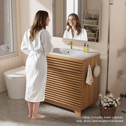 VNN 36 Inch Bathroom Vanity with Ceramic Sink - Freestanding Modern Bathroom Storage Vanity Cabinet with Fluted Design, Soft-Close Doors, Shelves, Toilet Paper Holder & Towel Hooks, Natural Oak
