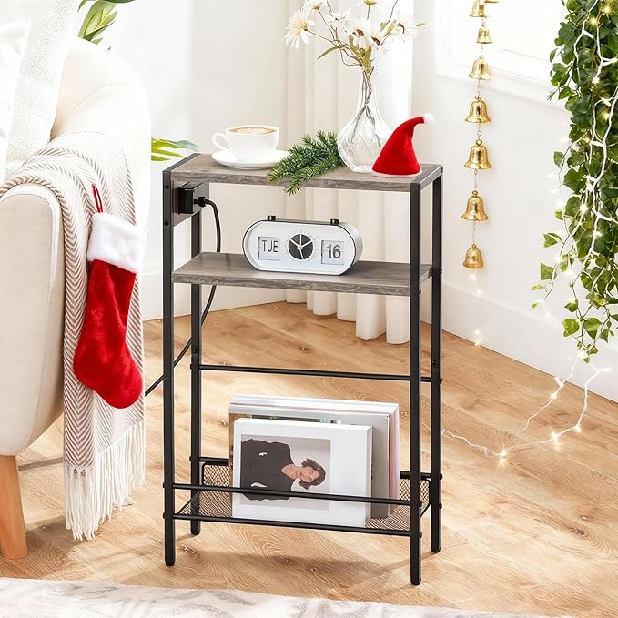 HOOBRO Small Narrow Side Table with Charging Station, Skinny End Table for Small Spaces, Slim Nightstand with USB Ports Outlet, Sofa Beside Table with Storage Shelf, Greige and Black BG102UBZ01