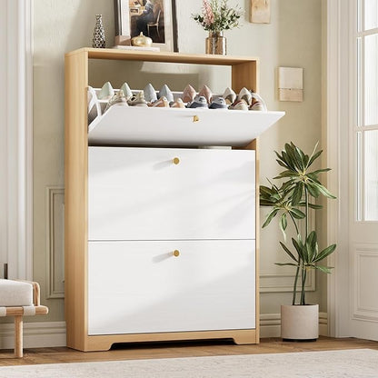 Nicetree Shoe Storage Cabinet for Entryway, Modern Shoe Cabinet, Freestanding Shoe Rack Cabinet, Hidden Shoe Dresser for Hallway,Foyer, Natural Oak and White