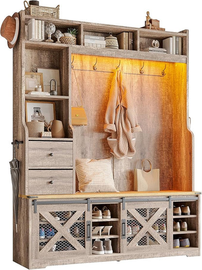 AMERLIFE 7-in-1 Farmhouse Hall Tree with Bench and Shoe Cabinet, LED Entryway Bench with 2 Drawers,12 Shoe Cubbies & Barn Doors, 7 Coat Racks & Adjustable Shelf, Rustic Gray