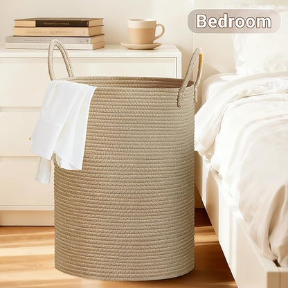 SunNewt Tall Laundry Basket with Handles, 100L Portable Dirty Clothes Hamper, Boho Cotton Rope Storage Bin for Blankets Kids Toys Gifts, Extra Large Organizer for Baby Nursery Bedroom Bathroom, Jute