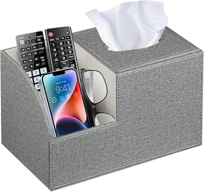 Square Multi-Functional Tissue Box Cover with Storage and Remote Control Holder - Cube Tissue Box Organizer for Bathroom, Nightstand, End Table
