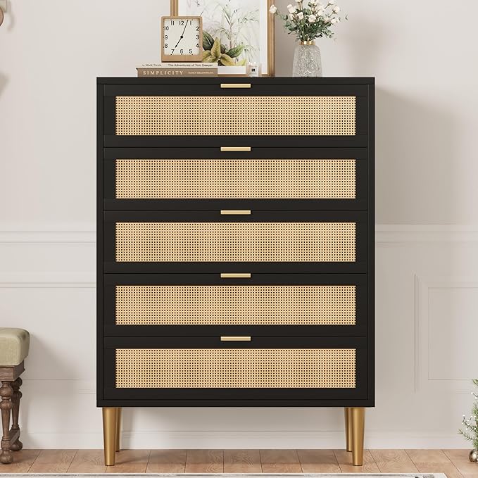 IDEALHOUSE Rattan 5 Drawer Dresser, 44'' Tall Narrow Chest of Drawer, Farmhouse Wooden Vertical Dresser with Metal Legs and Handles, Modern Cabinet for Bedroom, Living Room, Black
