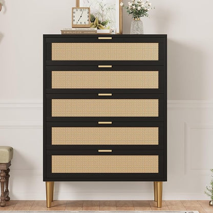 IDEALHOUSE Rattan 5 Drawer Dresser, 44'' Tall Narrow Chest of Drawer, Farmhouse Wooden Vertical Dresser with Metal Legs and Handles, Modern Cabinet for Bedroom, Living Room, Black