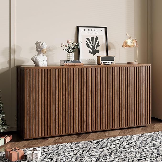 Rophefx Fluted Sideboard Cabinet, Buffet Cabinet with Storage, Credenza Storage Cabinets with Adjustable Shelf, Wood Entryway Cabinets with Pop-up Doors for Living Room, Entryway, Hallway, Walnut