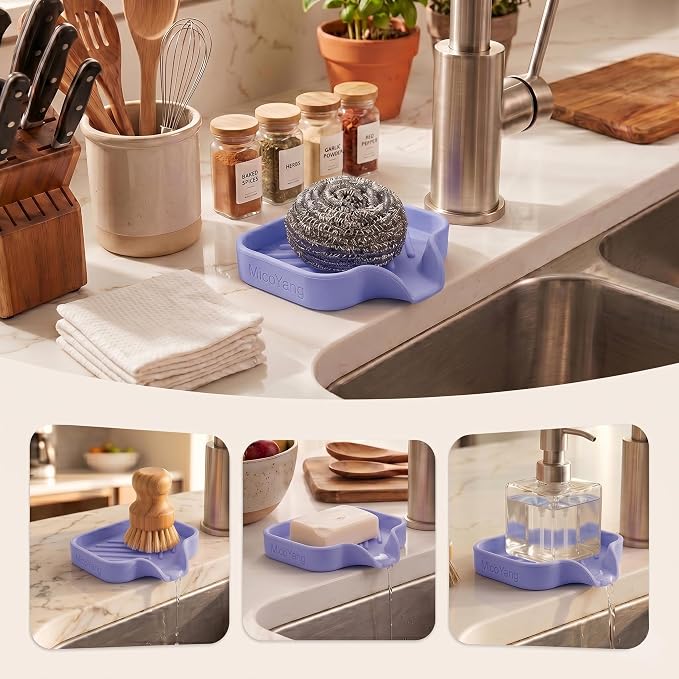 MicoYang Silicone Soap Dish with Drain Spout, Self-Draining Sink Organizer Tray for Bathroom & Kitchen, Sponges, Dispensers & Soap Holder, Non-Slip & Dishwasher Safe, Light Purple (Compact, 4.9"×3.2")