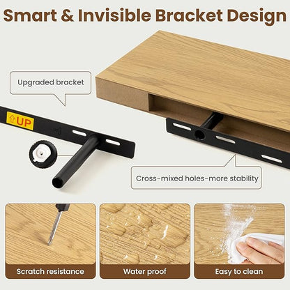 48 Inch Floating Shelves for Wall, 8 Inch Deep Floating Shelf for Storage & Display, Rustic Wall Mounted Shelf with Invisible Brackets for Living Room, Kitchen, Bathroom, Home Decor, Set of 2, Oak
