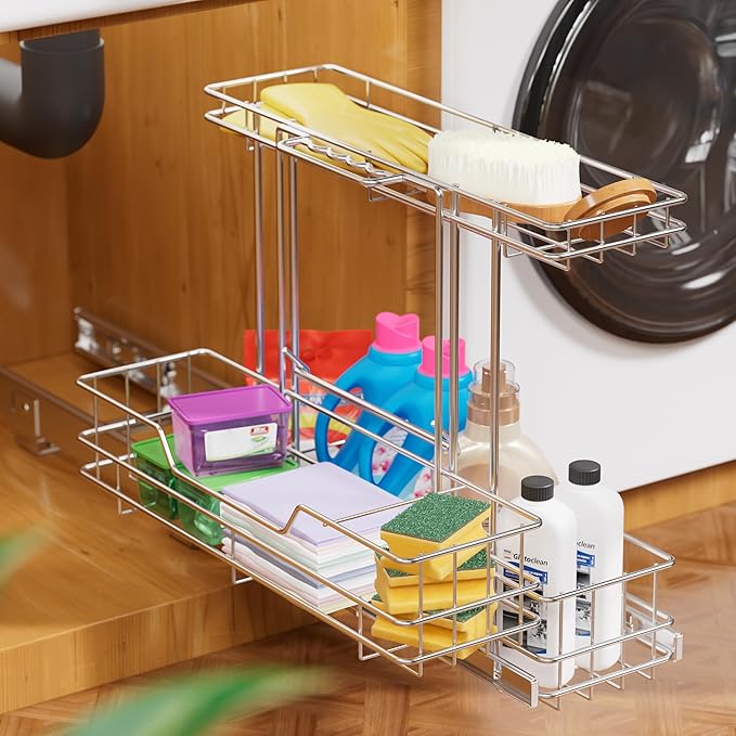 2 Tier Under Sink Organizer 11"W X18"D, Pull Out Cabinet Organizer One Removable Basket, Under Sink Slide Out Chrome Plated, Under Kitchen Bathroom Sink Organizer, 1 Pack