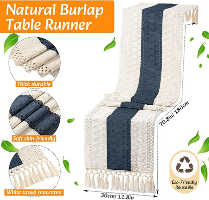 4 Sets Boho Decoration Placemats Round Woven Placemats, Cloth Napkins, Wood Bead Napkin Rings, Long Table Runner and Farmhouse Burlap Cotton for Table Kitchen (Blue,12x72)